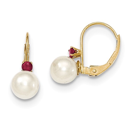 14k 6-6.5 mm Pearl & .10ct. Ruby Leverback Earrings 14k 6-6.5 mm Pearl & .10ct. Ruby Leverback Earrings